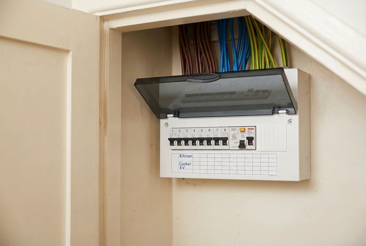 A white consumer unit with its clear cover lifted, in an under-stairs cupboard, with brown, blue and green-and-yellow cables running into the top.